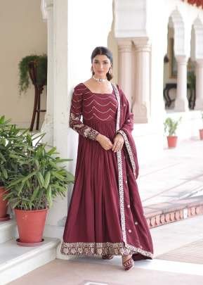 Premium And Elegant Vichitra Silk Heavy Sequence And Zari Embroidered Work Anarkali Gown Mehndi Maroon Color KA DN 1208