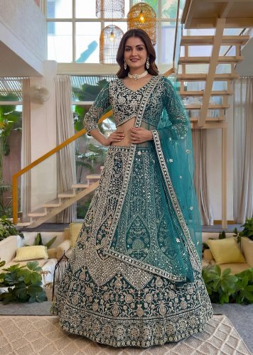 Premium Butterfly Net Lehenga Choli with Embroidery And Sequence Work Teal Green Color LFH DN 5172