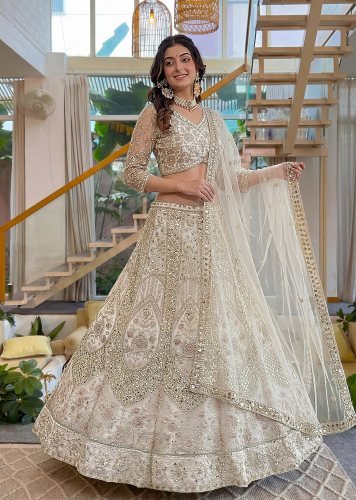 Premium Butterfly Net Lehenga Choli with Embroidery And Sequence Work Ivory White Color LFH DN 5172