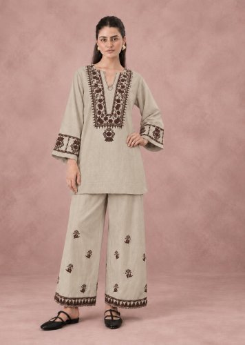  Premium Designer Cotton Flex Top Pent With Embroidered Work Suit Cream Color DN 4923 