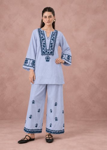  Premium Designer Cotton Flex Top Pent With Embroidered Work Suit Light Blue Color DN 4923 