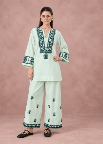  Premium Designer Cotton Flex Top Pent With Embroidered Work Suit Mint Green Color DN 4923 