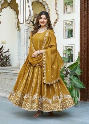 Premium Designer Ethnic Set Star Georgette With Sequence Embroidery Work Anarkali Gown With Dupatta Mustard Yellow Color RM DN 139