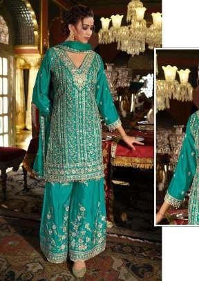 Premium Designer Heavy Chinon With Embroidery Codding Sequence Work With Real Mirror Palazzo Suit Teal Green Color DN 1191