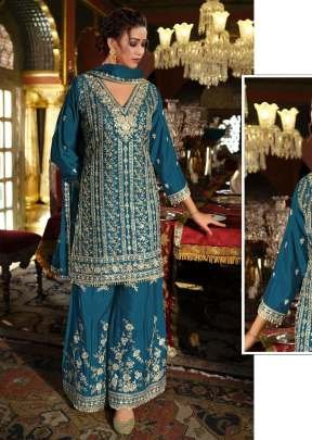 Premium Designer Heavy Chinon With Embroidery Codding Sequence Work With Real Mirror Palazzo Suit Teal Blue Color DN 1191
