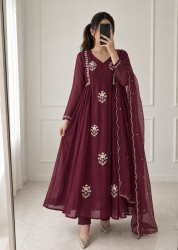  Premium Designer Kurti Set  Elegant Ans Classy Look Pure Mul Chanderi With Beautiful Embroidery Wine Color Work DN 1420 