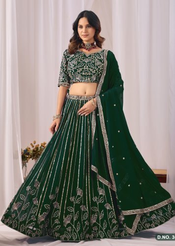 Premium Designer Lehenga Choli Faux Georgette  With Heavy Embroidery Work Green Color DN 3041
