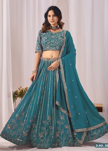 Premium Designer Lehenga Choli Faux Georgette  With Heavy Embroidery Work Teal Green Color DN 3043