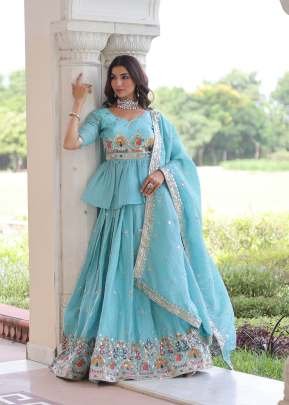 Premium Designer  Ready Made Lehenga choli Set Gold Crush With Multi Thread Embroidery Zari Sequins-Work Sky Blue Color KA DN 5058