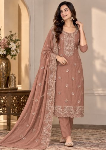  Premium Designer Salwar Suit Taneriya  Chiffon With Heavy Embroidered Roll Sequence Work  Dusty Rose Color DN 8101