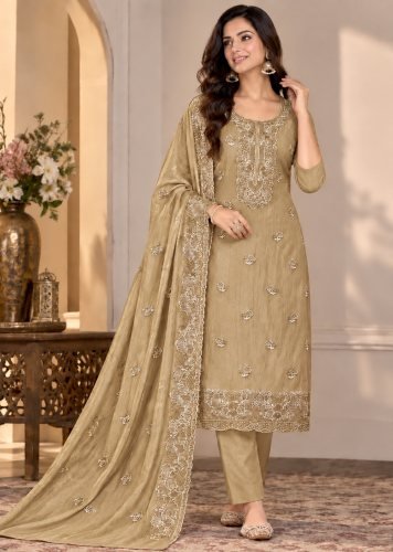  Premium Designer Salwar Suit Taneriya Chiffon With Heavy Embroidered Roll Sequence Work Beige Color DN 8101