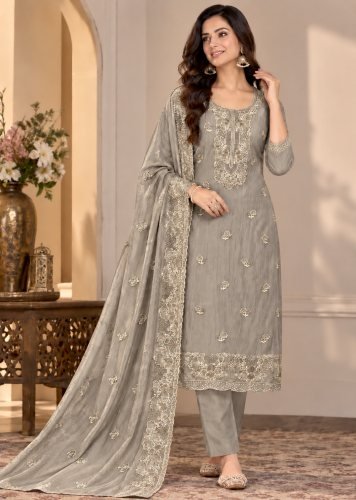  Premium Designer Salwar Suit Taneriya Chiffon With Heavy Embroidered Roll Sequence Work Grey Color DN 8101