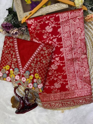 Premium Designer Saree Soft Banaras Jacquard Silk Beautiful Sequins And Dori Embroidery Work Red Color LFH NC DN 5630