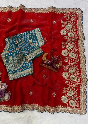 Premium Designer Saree Soft Space Silk Premium Heavy Embroidery Work With Red Color LFH NC DN 5519