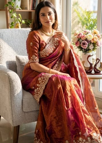 Premium Designer Saree Soft Two Tone Space Silk Sequence And Zari Embroidery Work Rust Orange DN 5631