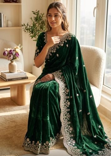 Premium Designer Saree Soft Two Tone Space Silk Sequence And Zari Embroidery Work Dark Green Color DN 5631