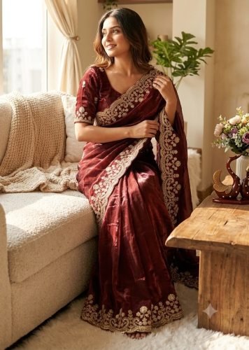 Premium Designer Saree Soft Two Tone Space Silk Sequence And Zari Embroidery Work Maroon Color DN 5631