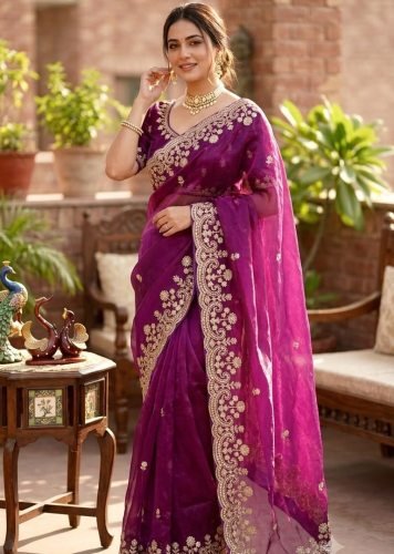 Premium Designer Saree Soft Two Tone Space Silk Sequence And Zari Embroidery Work Purple Color DN 5631
