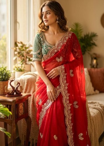 Premium Designer  Soft Fendy Satin Sarees With Sequence and Zari Embroidery Work Red Color DN 5613