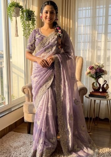 Premium Designer  Soft Fendy Satin Sarees With Sequence and Zari Embroidery Work Lavender Color DN 5613