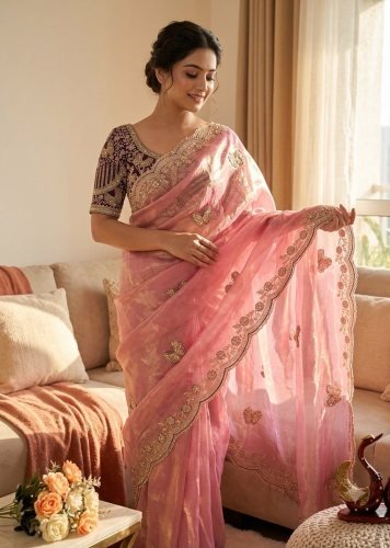 Premium Designer  Soft Fendy Satin Sarees With Sequence and Zari Embroidery Work Lavender Color DN 5613