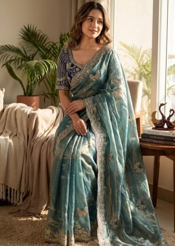 Premium Designer  Soft Fendy Satin Sarees With Sequence and Zari Embroidery Work Lavender Color DN 5613