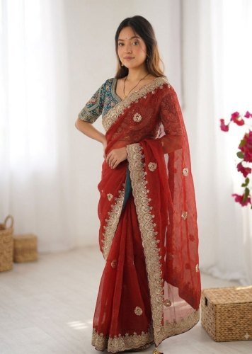 Premium Designer Soft Space Silk Sequence And Zari Embroidery Work Red Color LFH NC DN 5629