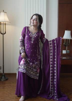 Premium Faux Georgette Palazzo Suit With Sequence Embroidery Work Purple Color DN 13