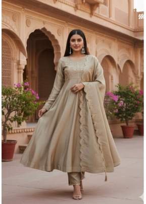 Premium Fully Stitched Anarkali Suit With Vichitra Silk And Intricate Cording Work Beige Color