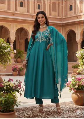 Premium Fully Stitched Anarkali Suit With Vichitra Silk And Intricate Cording Work Teal Blue Color