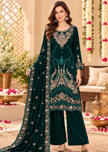 Premium Heavy 9000 Velvet With Heavy Embroidered  Sequence And Cording Thread Work Velvet Salwar Suit Bottle Green Color DN 734