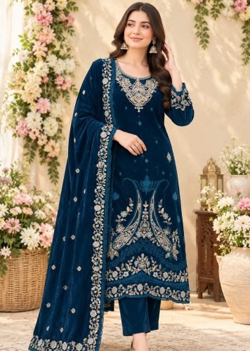 Premium Heavy 9000 Velvet With Heavy Embroidered  Sequence And Cording Thread Work Velvet Salwar Suit Teal Blue Color DN 734