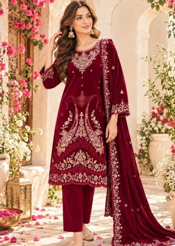 Premium Heavy 9000 Velvet With Heavy Embroidered  Sequence And Cording Thread Work Velvet Salwar Suit Maroon Color DN 734