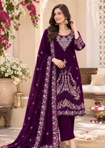 Premium Heavy 9000 Velvet With Heavy Embroidered  Sequence And Cording Thread Work Velvet Salwar Suit Purple Color DN 734