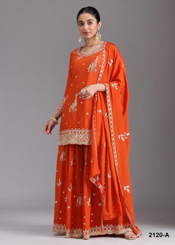 Premium Heavy Chinon Sequence Embroidered Designer Palazzo Suit DN 2120 Orange Color