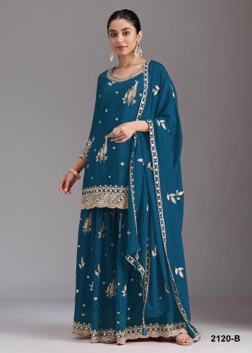 Premium Heavy Chinon Sequence Embroidered Designer Palazzo Suit DN 2120 Teal Blue Color