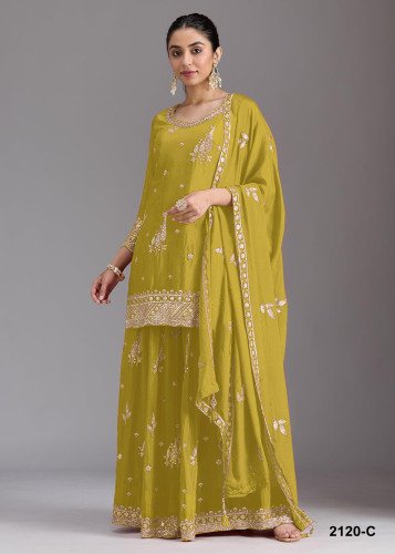 Premium Heavy Chinon Sequence Embroidered Designer Palazzo Suit DN 2120 Mustard Yellow Color