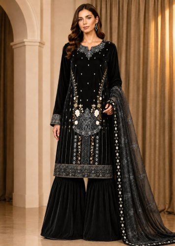 Premium Luxury  9000 Velvet Sharara Suit  with Heavy Embroidered Sequence Work  Black Color  DN 729