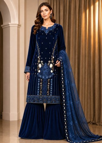 Premium Luxury  9000 Velvet Sharara Suit  with Heavy Embroidered Sequence Work Navy Blue Color  DN 729