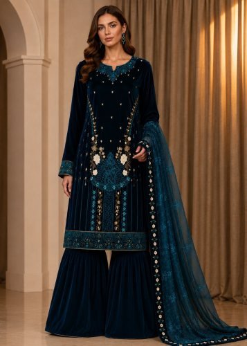 Premium Luxury  9000 Velvet Sharara Suit  with Heavy Embroidered Sequence Work Teal Blue Color  DN 729