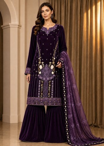 Premium Luxury  9000 Velvet Sharara Suit  with Heavy Embroidered Sequence Work  Wine Color  DN 729