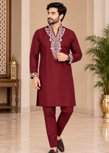 Premium Men's Kurta Polo Pant Set  With Lachka  Ultimate Party Wear Look Maroon Color