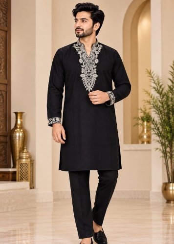 Premium Men's Kurta Polo Pant Set  With Lachka  Ultimate Party Wear Look Black Color