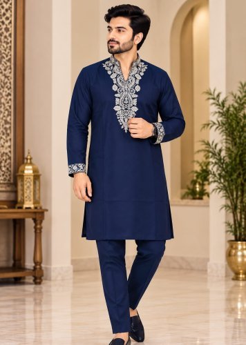Premium Men's Kurta Polo Pant Set  With Lachka  Ultimate Party Wear Look Navy Blue Color
