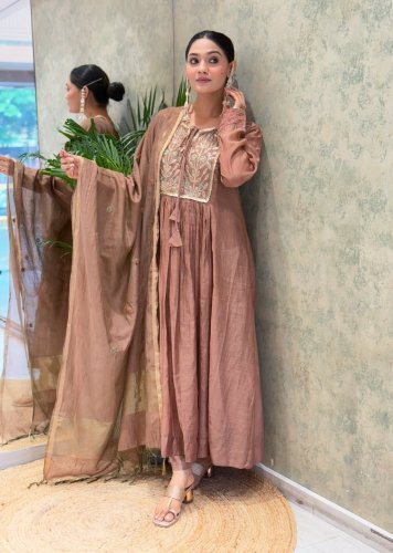 Premium Mul Chanderi Anarkali Kurti Pant Dupatta Set With Full Embroidery Work Rust Brown Color