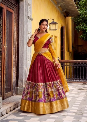 Premium Poly Chanderi Zari Stripe Kalamkari Printed Lehenga Choli With Zari Weaving Work Maroon Color LFH LNB DN 1242