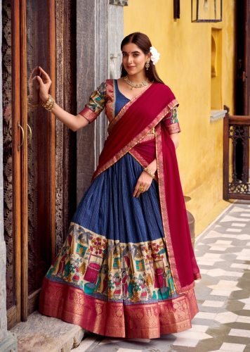 Premium Poly Chanderi Zari Stripe Kalamkari Printed Lehenga Choli With Zari Weaving Work Navy Blue And Maroon Color LFH LNB DN 1242
