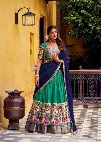 Premium Poly Chanderi Zari Stripe Kalamkari Printed Lehenga Choli With Zari Weaving Work Green And Navy Blue Color LFH LNB DN 1242