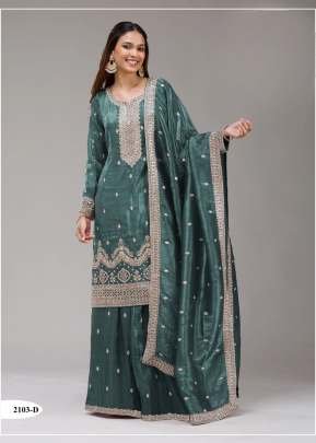 Premium Product Fancy Gold Crush With Heavy Embroidery Work And Sequence Work Palazzo Suit Teal Color DN 2103