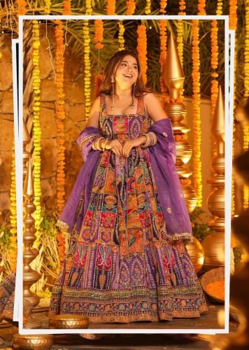 Premium Pure Crepe Heavy Embroidered Designer Gown With Heavy Micro Cotton Pant And Organza Digital Print Lace Dupatta Purple Color TD DN 6130